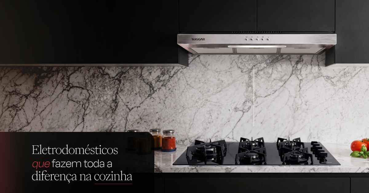 Cooktop e depurador Suggar integrados ao projeto de cozinha de luxo — eletrodomésticos disponíveis na Cook Eletroraro.
