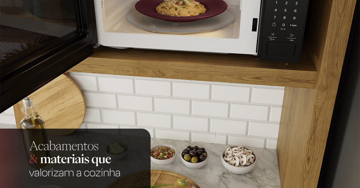 Acabamentos e eletrodomésticos integrados em harmonia — micro-ondas de embutir Brastemp Gourmand, 40L, disponível na Cook Eletroraro.