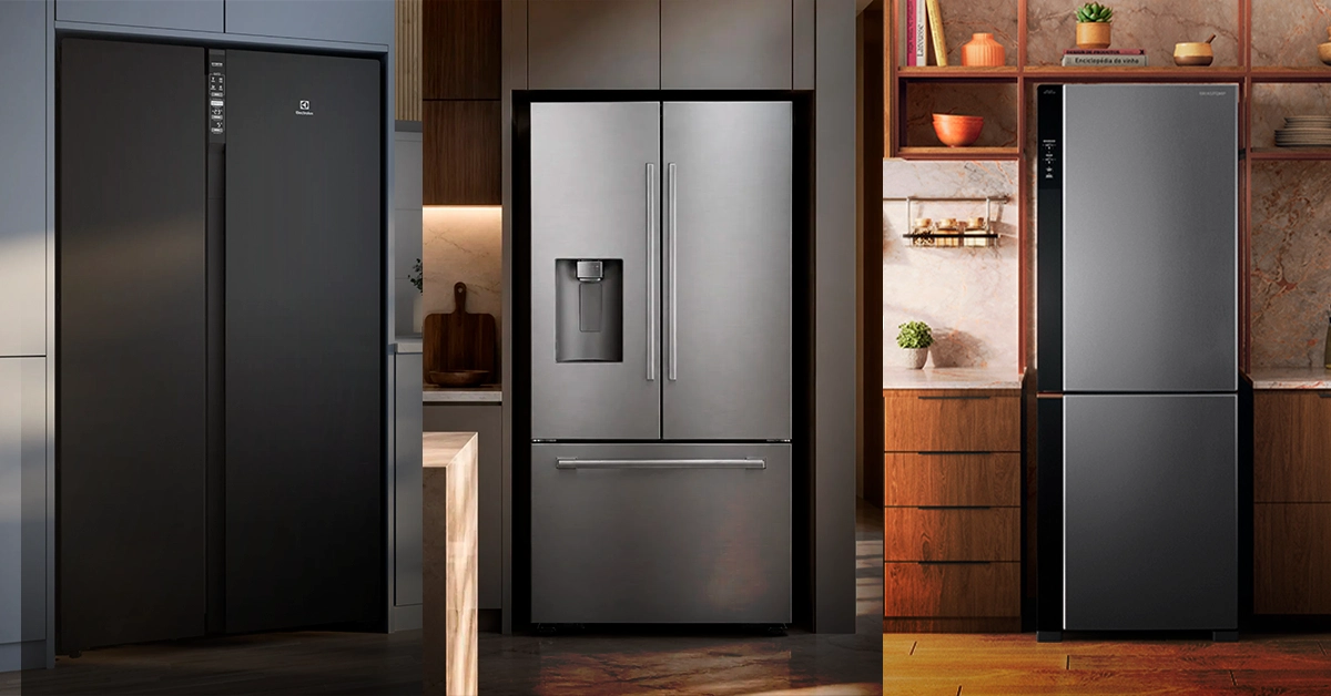 Modelos de geladeira de alto padrão: French Door, Side by Side e 
Built-in.
